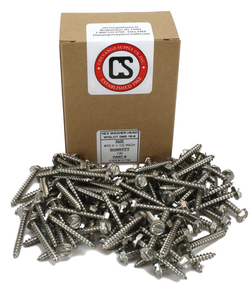 Chenango Supply #10 X 1-1/2 Stainless Steel Hex Washer Head w/Slot Sheetmetal Screw (1/2" to 1-1/2" in Listing) 100 pcs Sheet Metal Screws (#10x1-1/2 Inch) - Image 2